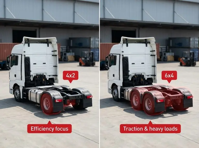 Comparaison côte à côte des bogies tracteurs Shacman 4x2 et 6x4 avec essieux entraînants mis en avant