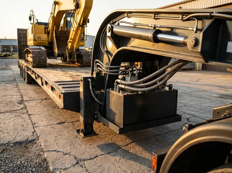 Gros plan du système hydraulique sur la remorque